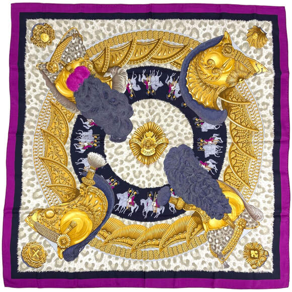 HERMES Accessories - Hermès HERMES Carré 90 "CASQUES et PLUMETS" Faceless Helmet Scarf, Silk, Purp...